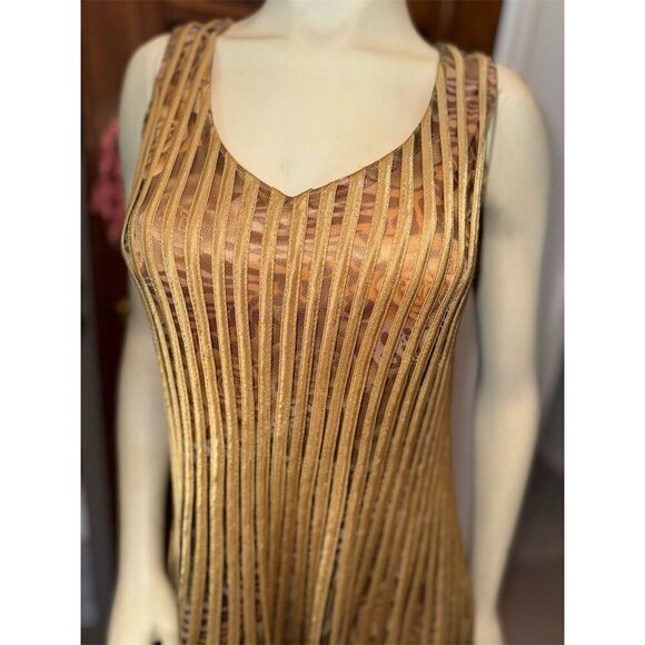 MODELLA Pleated Sleeveless Gold/ Multi-Color Print Overlay Midi Dress Size L - Picture 13 of 16